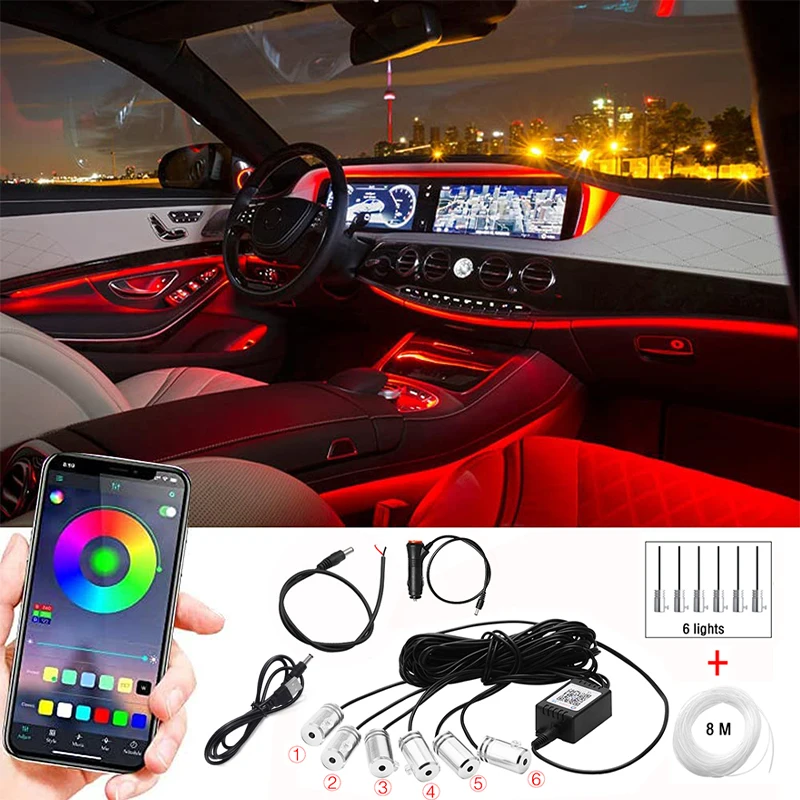 4/5/6 In 1 RGB LED Atmosphere Car Interior Foot Ambient Decorative Lights Kit Neon Fiber Optic Light Strip App Control DIY Music