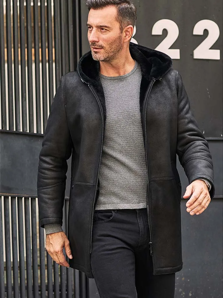 New Mens Shearling Jacket Long Fur Coat Hooded Wool Winter Outerwear Black Leather Overcoat