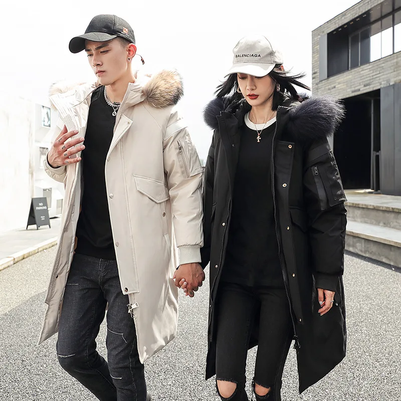 -30 Degree Winter Couple Down Parkas Jacket 90% White Duck Hooded Collar Real Fur Windbreaker Warm Thicken Coat Long Jackets