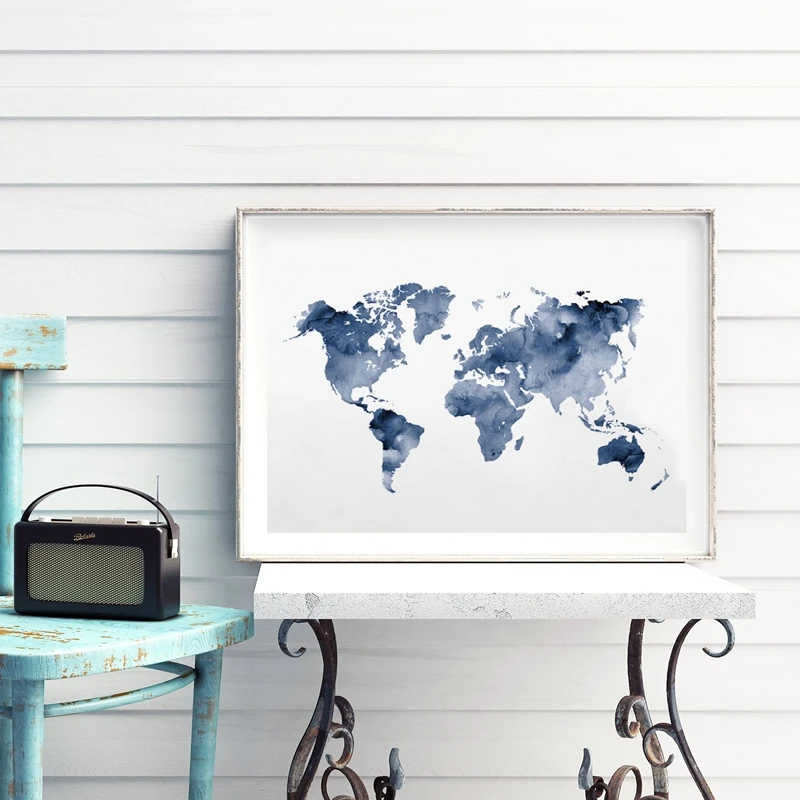 Blue World Map Print Navy Map Poster Traveler Gift Abstract Watercolor Wall Art Canvas Painting Picture for Living Room Decor