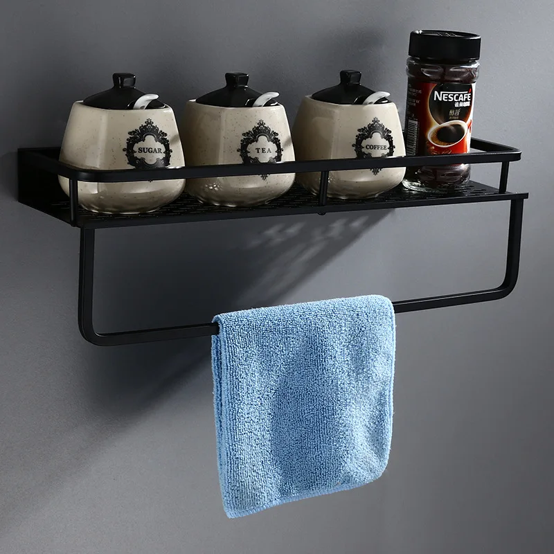 Estante de baño con barra de toalla, estante de ducha de baño de aluminio montado en la pared, soporte de champú de baño negro, soporte de cesta, estante de esquina