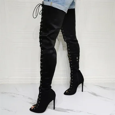 Summer Hollow Out Gladiator Over The Knee Boots Peep Toe Thin High Lace Up Leather Sexy Dress Party Shoes Women Plus US Size 15