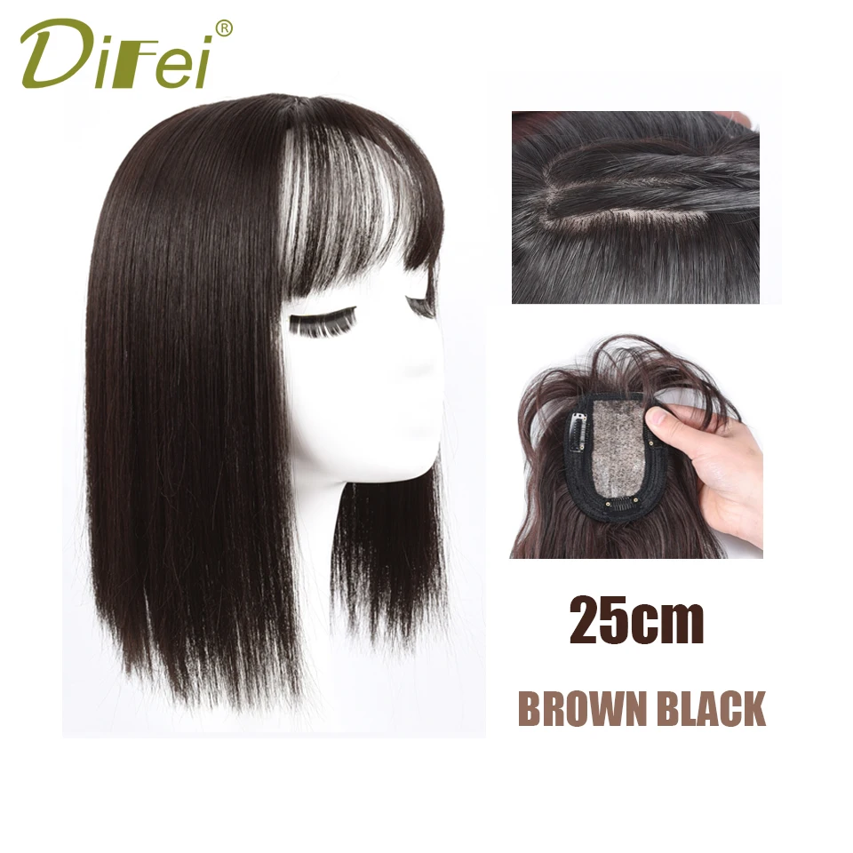 DIFEI-Cabelo Humano com Franja, Peruca Meia Cabeça, Liso Natural Fofo, Invisível, Substituição Sem Costuras, Cabelo Sintético