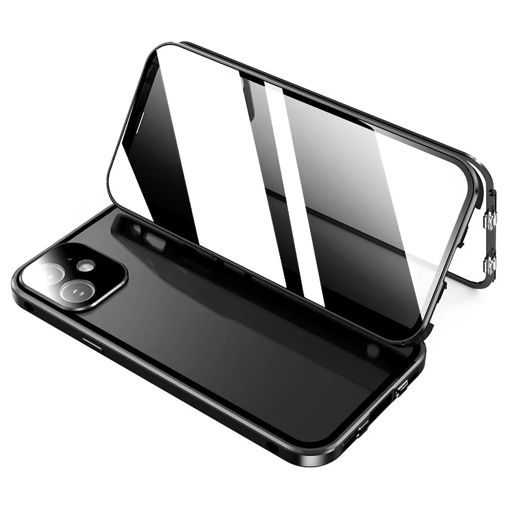 Metal Double-sided Buckle Case For IPhone 11 Pro Max All-inclusive Tempered Glass Phone Case For IPhone 12 12 Mini 12 Pro Promax