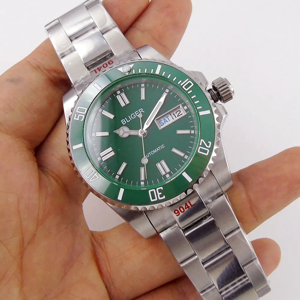 NH36 Movement Sapphire Men's  Automatic Watch Day/Date Display Green 316L 316L Band Glide Lock Ceramic Rotating Bezel