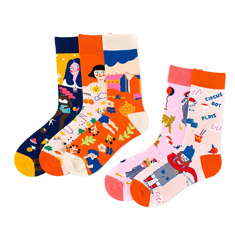 American Style Fashion Female Socks Casual Abstract Harajuku Street Hip Hop Socks Funny Happy Skateboard Colorful Women Socks