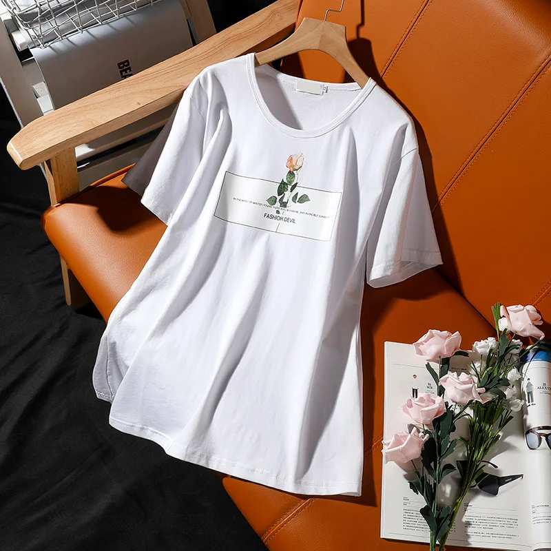 

DONAMOL Large size short-sleeved T-shirt female summer new rose printing round neck cotton loose Leisure top women pullovers