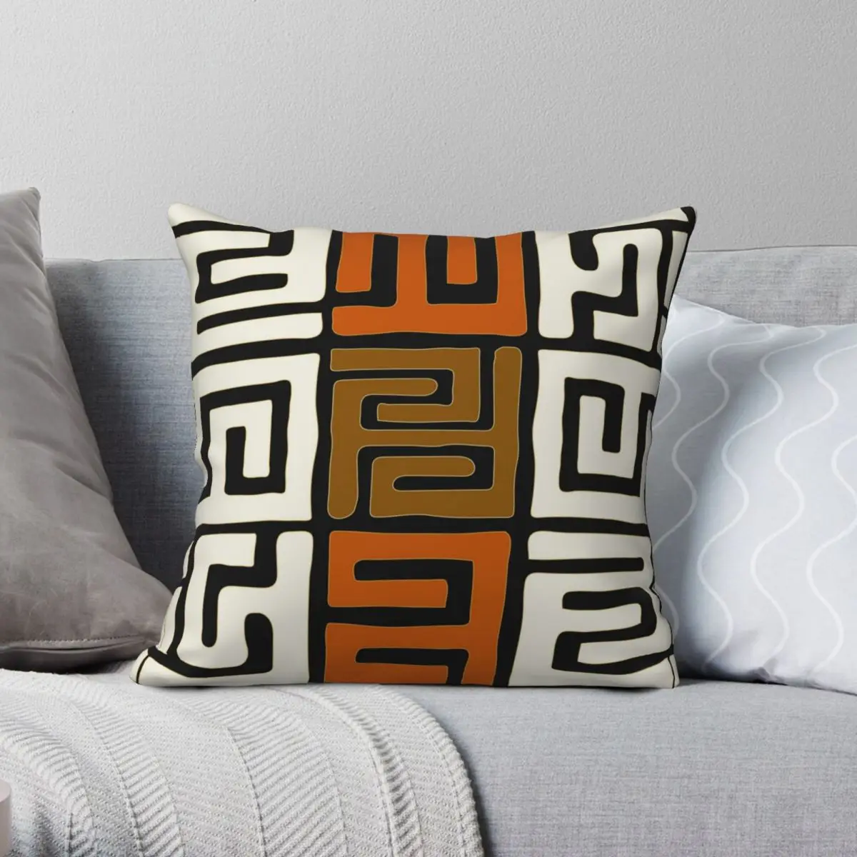 

African Kuba Fabric Inspired Cream Auburn Pillowcase Polyester Linen Velvet Zip Decor Throw Pillow Case Bed Cushion Cover 18"