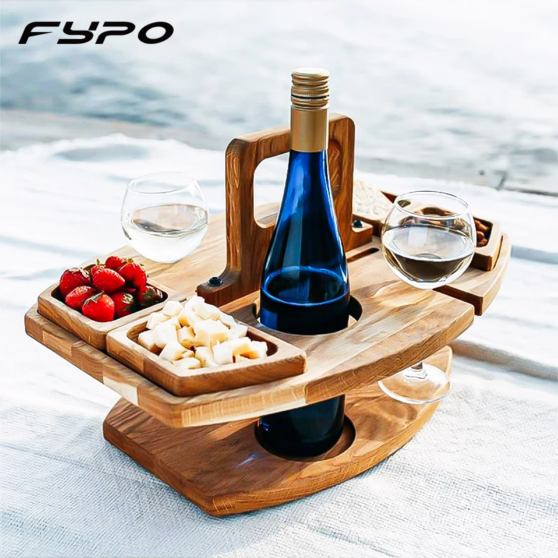 

Fypo Wooden Outdoor Picnic Tables Portable Folding Wine Table Fruit Snack Tray Detachable Wine Glass Rack Camping Table