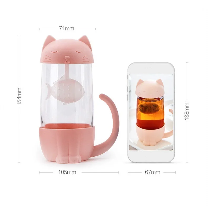 Cute Cat Glass Cup Tea Mug With Fish Infuser Strainer Filter Home Offices water bottle glass