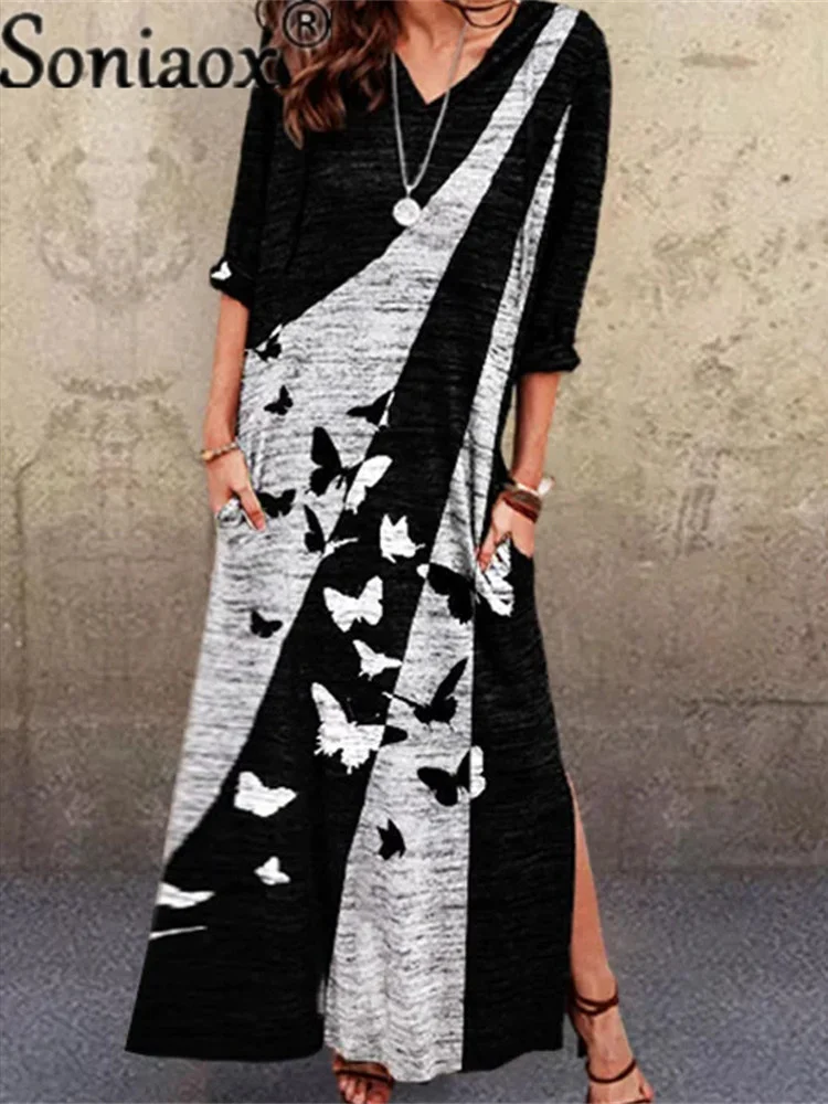 

Fashion Stitched Half-Sleeve Slit Dress 2021 Spring Summer New Contrast Print Butterfly Long Robe Women Casual V-Neck Streetwear