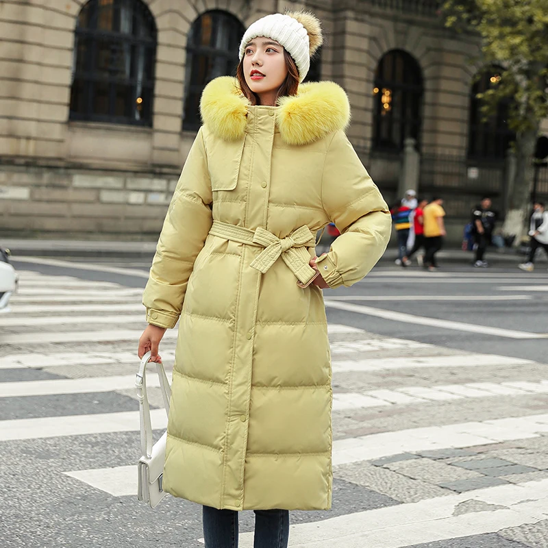 

Women Winter Thick X-Long White Duck Down Jacket Warm Big Fur Hooded Overcoat Female Casual Loose Solid Long Parkas with Sashes