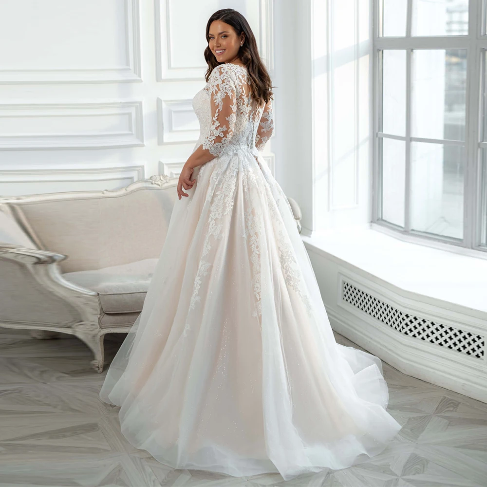 Eleagnt halbe Ärmel Brautkleid 2024 U-Ausschnitt Spitze Applikation Vestido de Mariage plus Größe Brautkleid Pailletten Tüll