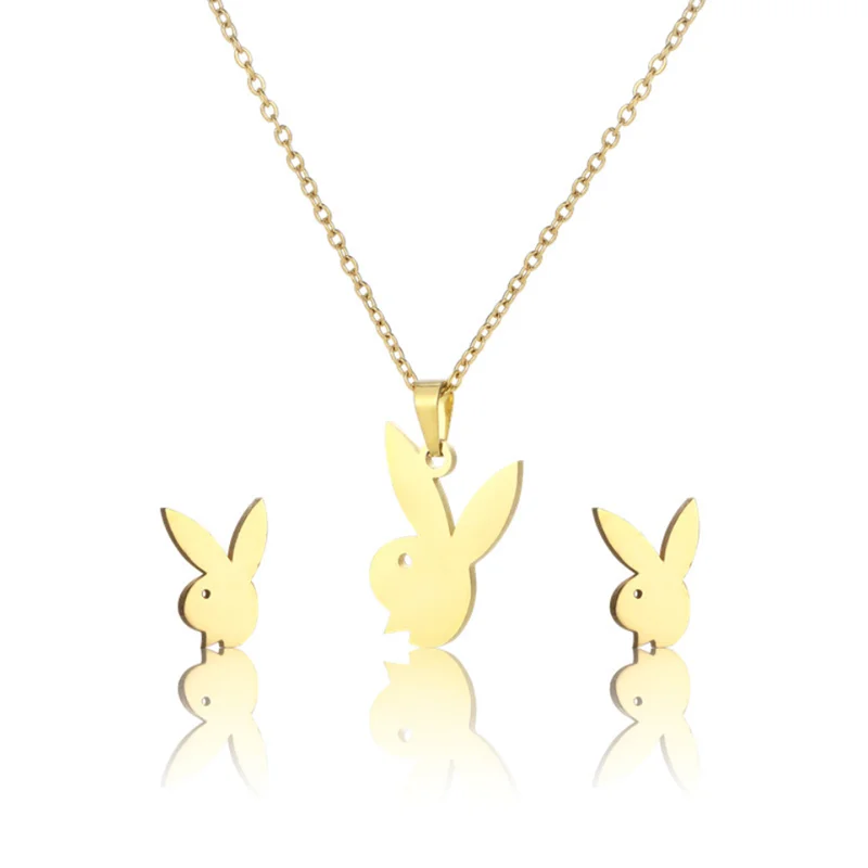 Yungqi Stainless Steel Animal Rabbit Pendant Necklace Earrings Cartoon Bunny Choker Jewelry Set for Women Kids Christmas Gift