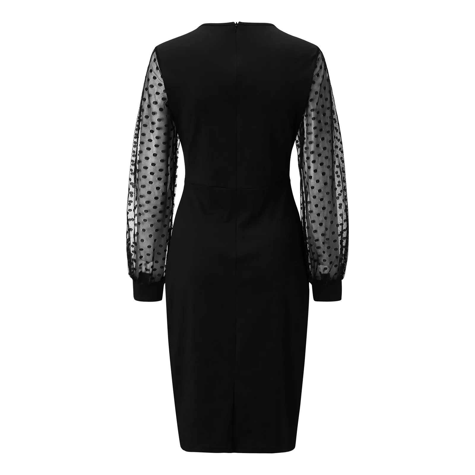 Elegancka obcisła sukienka damska z długimi rękawami Polka Dot V Neck Patchwork Mesh Lace Dress Office Lady Casual Slim Pencil Dress