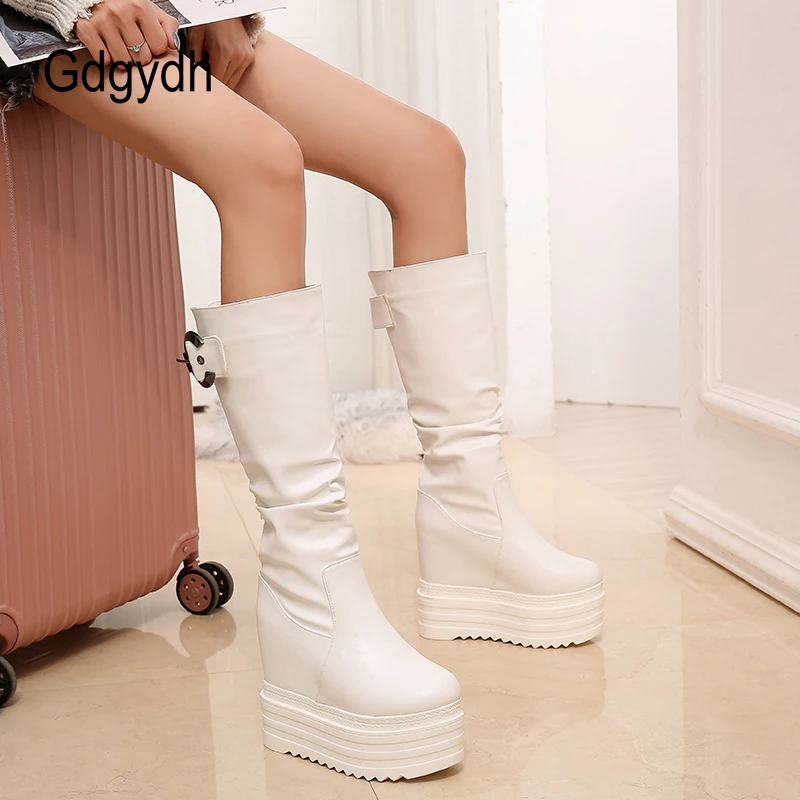 Gdgydh Thick Sole Height Increased Tube Boots Women Fashion Buckle Strap European and American Platform Shoes Woman Knee High