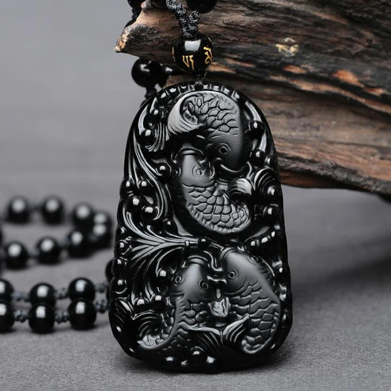 

Natural Black Obsidian 3D Carved Chain Happy Four Fish Pendant Lucky Amulet Necklace Pendants For Women Men Fashion Jewelry