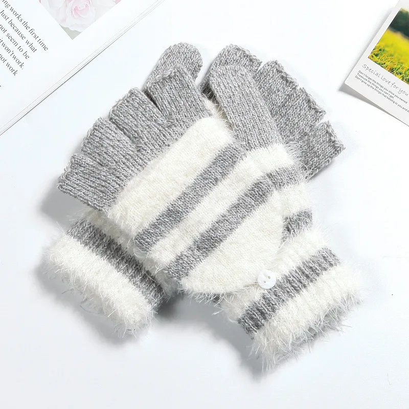 COKK Women Fingerless Gloves Cute Faux Rabbit Fur Stripe Knitted Gloves Female Winter Knitting Warmer Wrist Hand Gloves Mitten