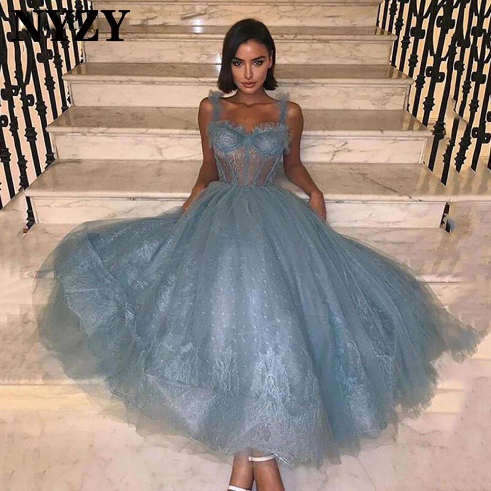 

NYZY E361 Elegant Grey Blue Sleeveless Lace Evening Dresses Short 2021 Tea Length Party Prom Cocktail Evening Gowns