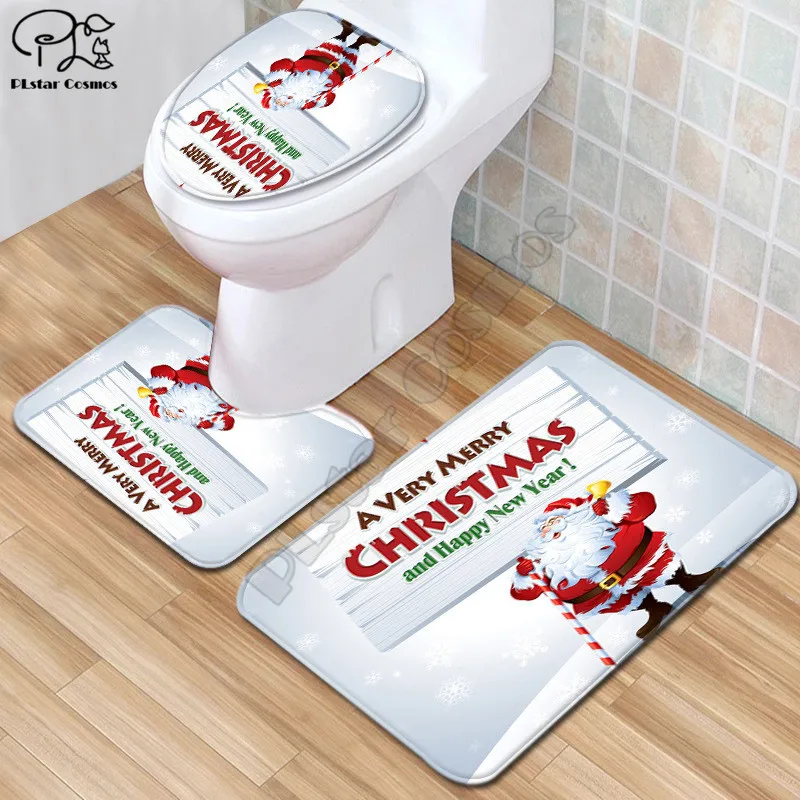 Cartoon Christmas element pattern 3D printed Bathroom Pedestal Rug Lid Toilet Cover Bath Mat Set drop shipping style-3