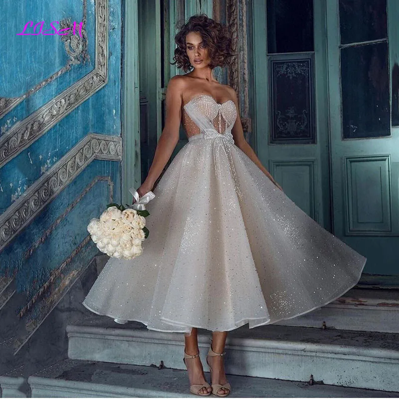 

Glitter A-Line Short Evening Dresses Sweetheart Boning Fitted Bodice Tea Length Elegant Prom Party Gowns With Belt