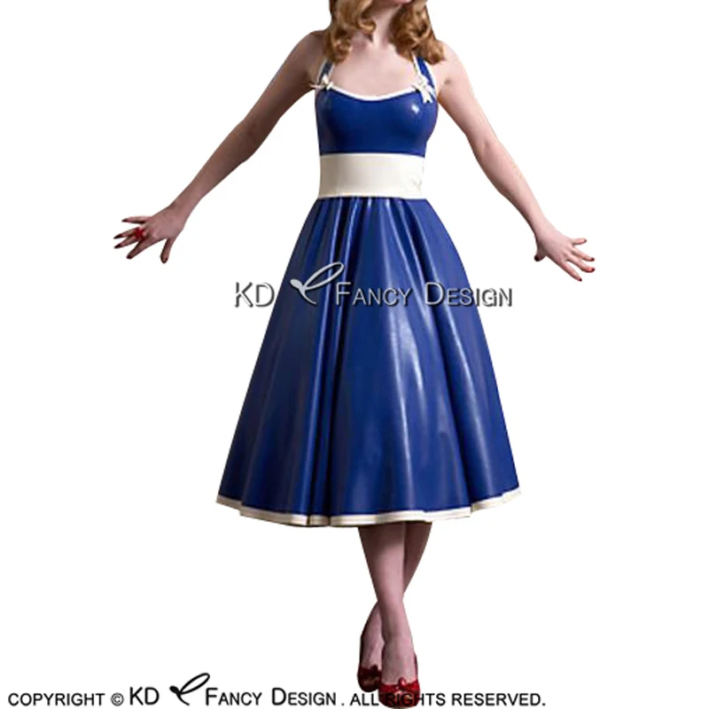 Blue And White Sexy Latex Pleated Dress With Big Bows At Back Halter Rubber Uniform Playsuit Bodycon Winter LYQ-0134