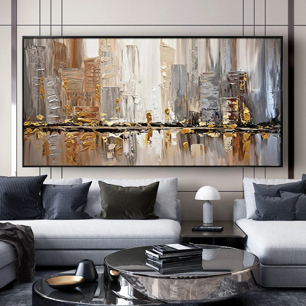 

Hand-painted Oil Paintings Modern Canvas Painting Abstract Wall Art Golden Texture New York City Mural Office Hotel Decoration