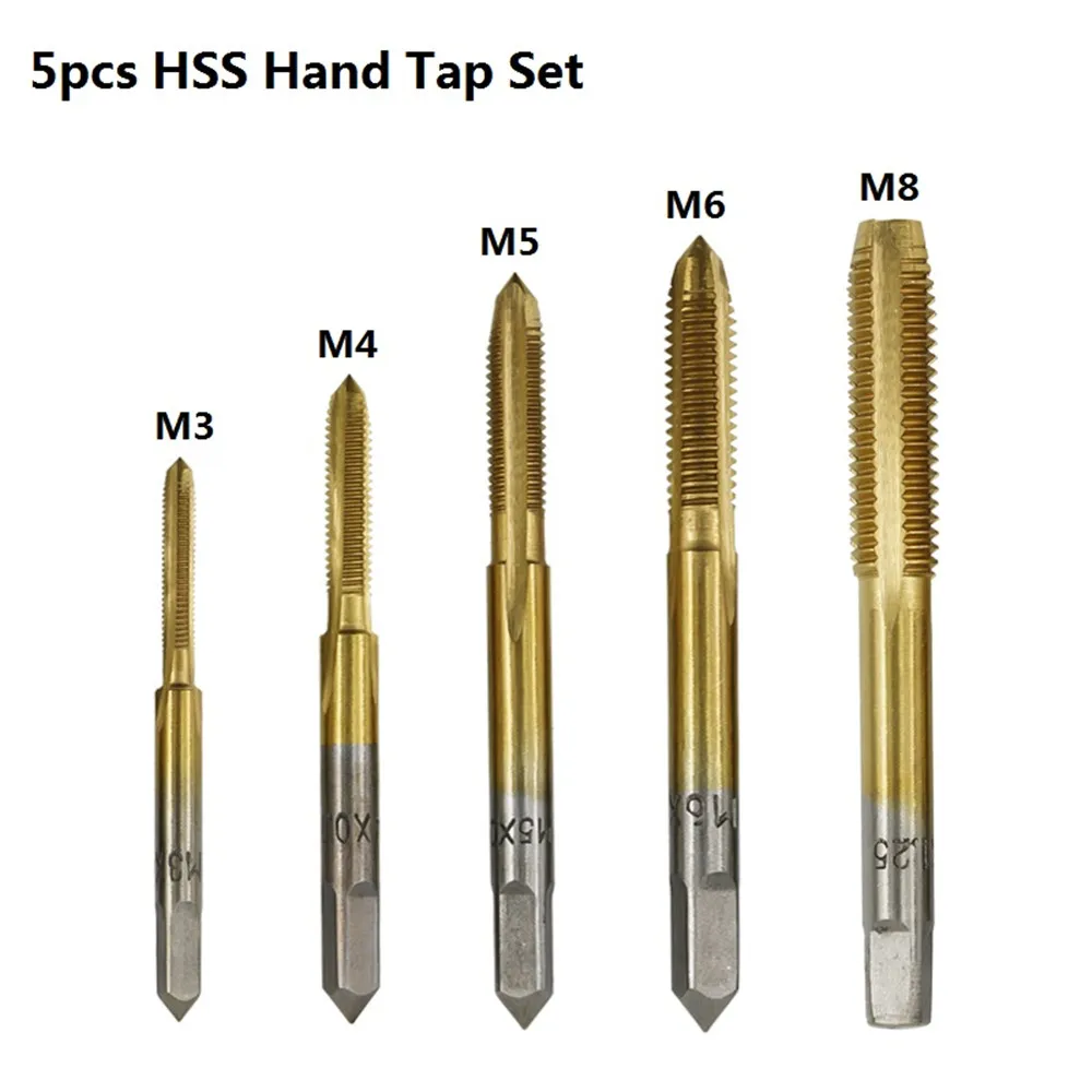 5Pcs M3 M4 M5 M6 M8 Titanium Coated Hand Tap Set Hss Straight Flute Thread  Right  Screw Threaded Drill 