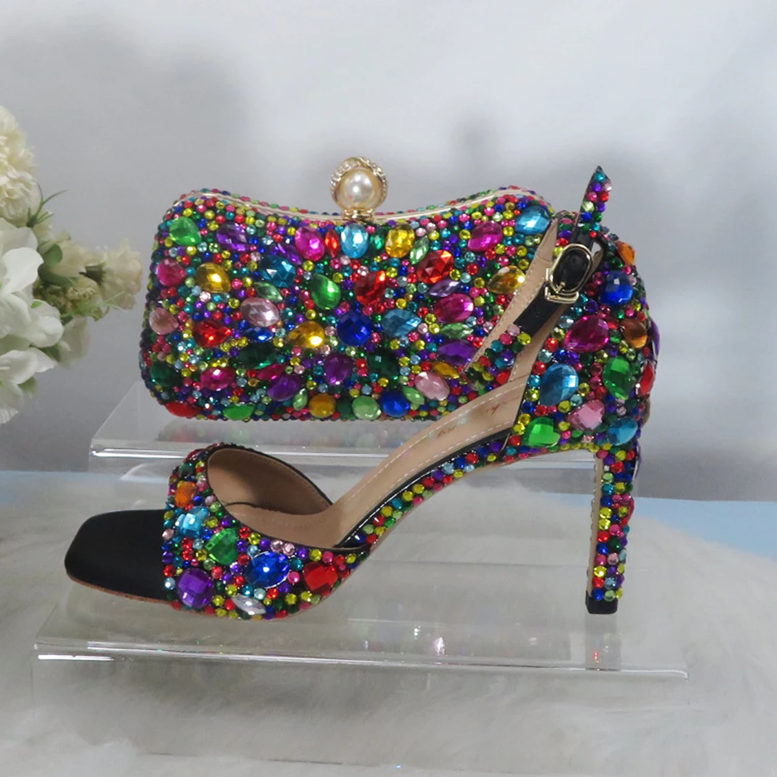 BaoYaFang Multicolored Crystal Women wedding shoes with matching bags bridal High heels Summer shoes green blue Shoe and Bag Set