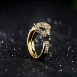 Full CZ Inlaid Animal Ring Hollow out Leopard Head Open Ring Кольцо с животными  Women Men Resizable  Party Jewelry  Punk Ring