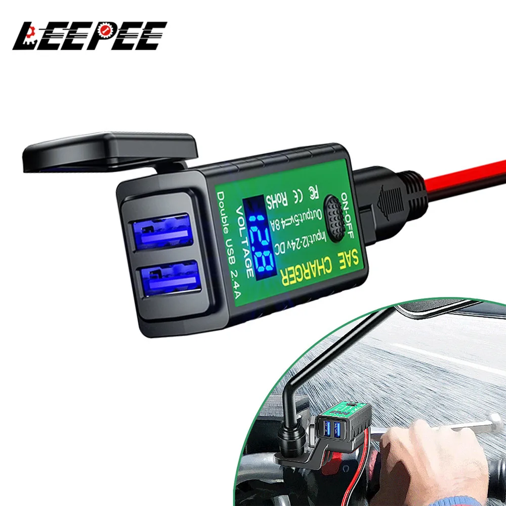 LEEPEE Motorcycle USB Chargers 3.1A/4.8A TYPE-C with Voltmeter On/Off Switch for Phone 12V SAE to Dual USB Fast Charging Adapter