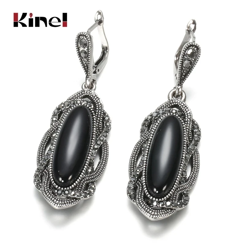 

Kinel Top Quality Bohemian Black Stone Earring Tibetan Silver Mosaic AAA Gray Crystal Big Oval Earring For Women Vintage Jewelry