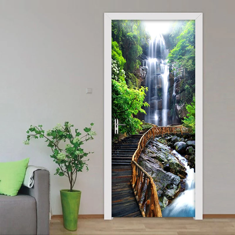 

Waterfall Door Stickers PVC Self-adhesive Waterproof 3D Nature Landscape Wallpaper For Living Room Bedroom Door Mural Sticker