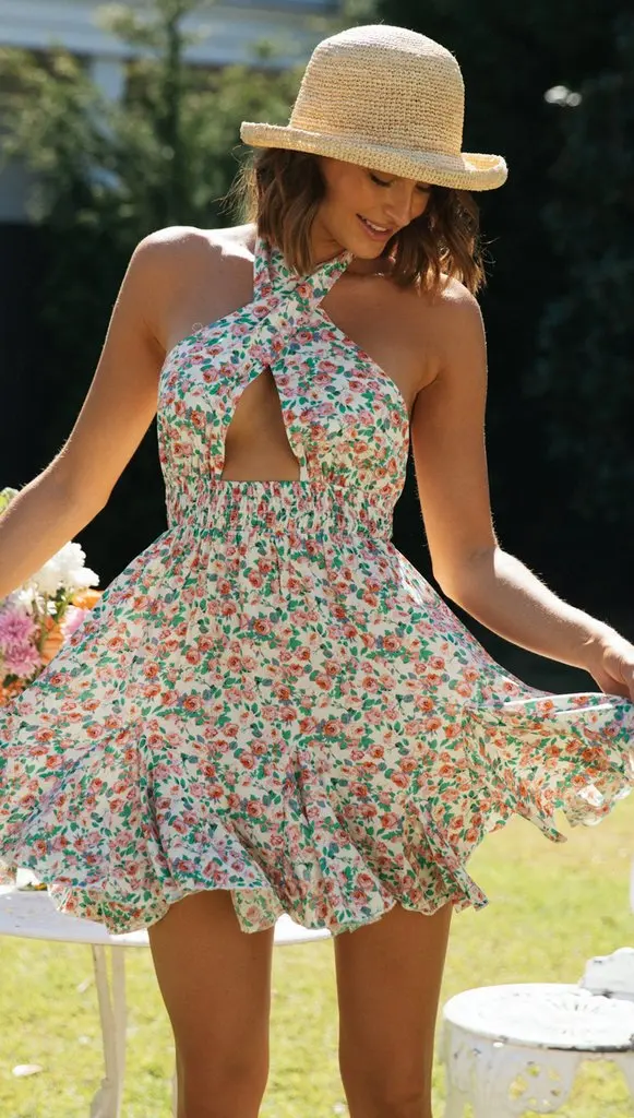 Jyojyo Sexy Boho Bloemenprint Jurk Vrouwen Halter Hals Strand Jurk Ruche Zomer Herfst Elegante Bohemian Vestidos Streetwear