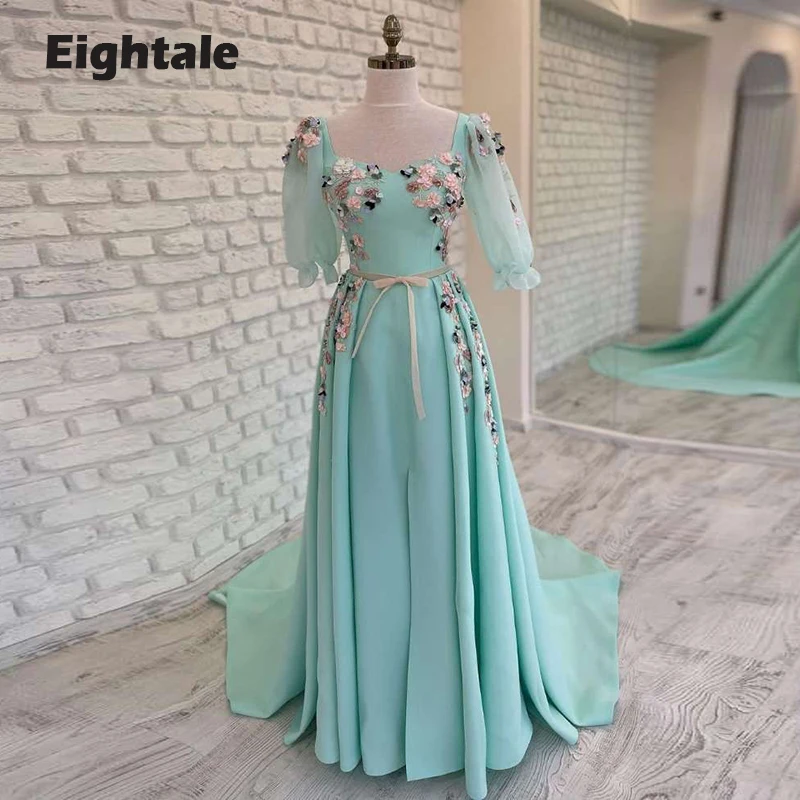 

Eightale Arabic Evening Dresse Sweetheart Half Puff Sleeves A-Line Flowers Long FormalProm Gown Celebrity Party Dress