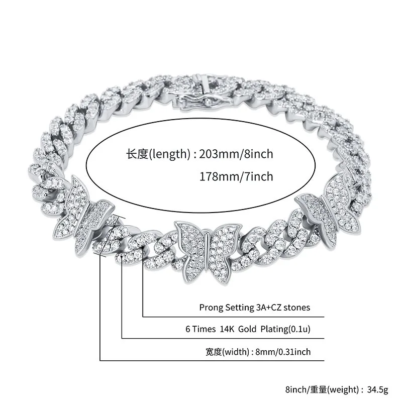 Hip Hop AAA CZ Stone Paved Bling Iced Out Butterflys Cuban Curb Miami Link Chain Bracelets for Men Women Unisex Fashion Jewelry