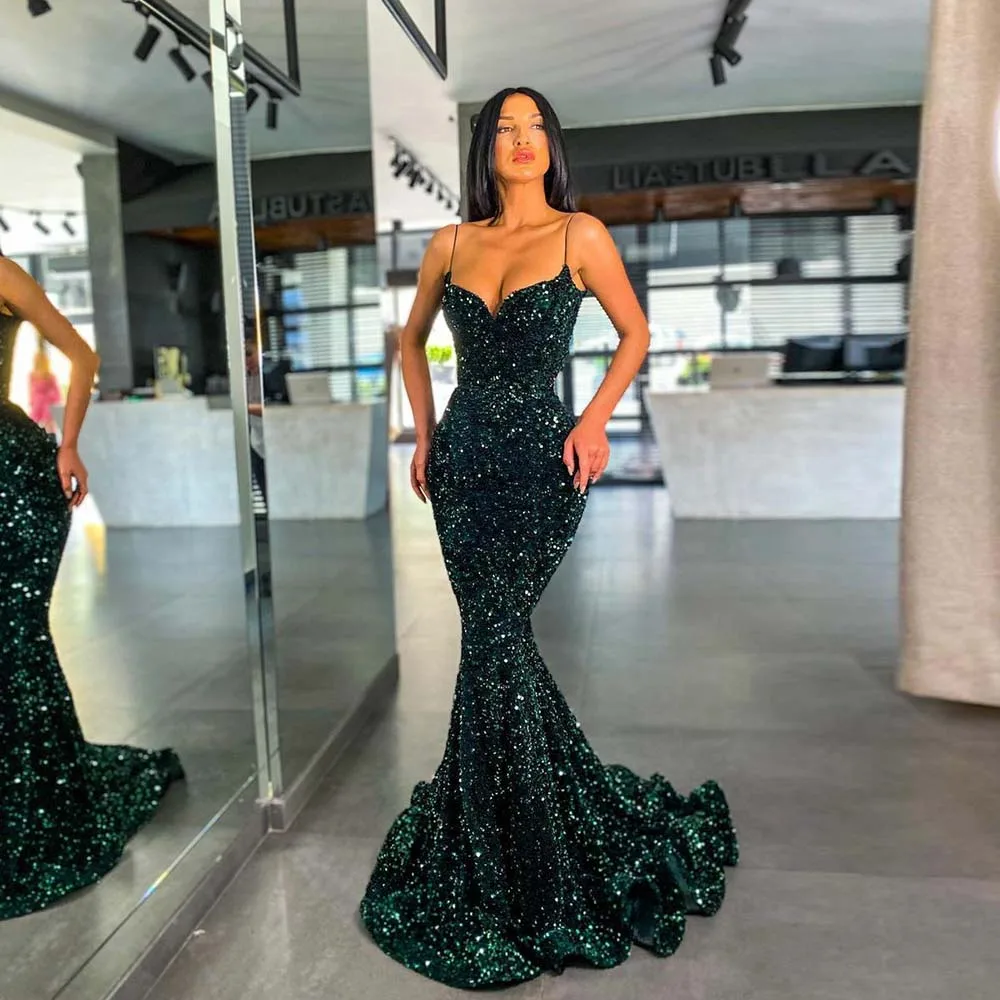 Em zhu sexy lantejoulas verdes longo sereia vestidos de noite sem mangas alças com decote em v robe de soirée femme formal feminino vestido de festa