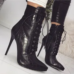 Snakeskin grain Ankle Boots For Women High heels Fashion Pointed toe Ladies Sexy shoes 2021 New Lace-Up Bootswf76