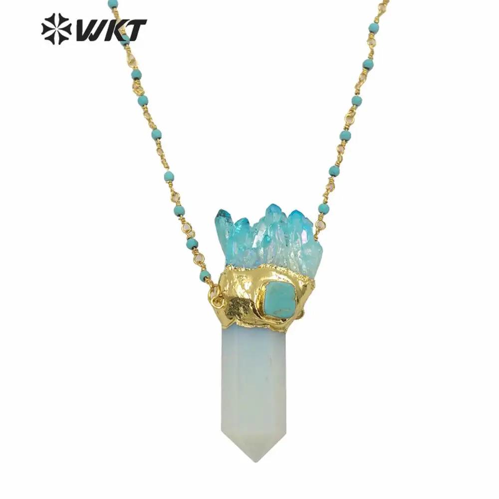 WT-N1255 Amazing Female Stone Necklace Unique Gold Plated Big Chunky Spirit Point Pendant Druzy Cluster Quartz Point Necklace