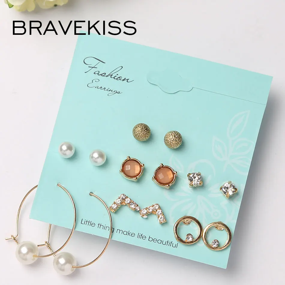 BRAVEKISS Small Pearl Round 7 Pairs Earring Set CZ Retro Stud Earrings Fashion Jewelry for Women accessories Gothic style PE1513