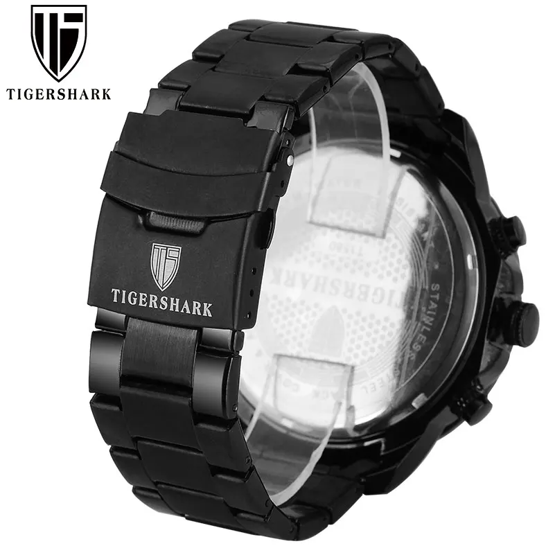 TIGERSHARK mężczyźni sport zegarek kwarcowy zegarek chronograf stal nierdzewna stalowy pasek 30M wodoodporny zegarek Relogio Masculino T1580