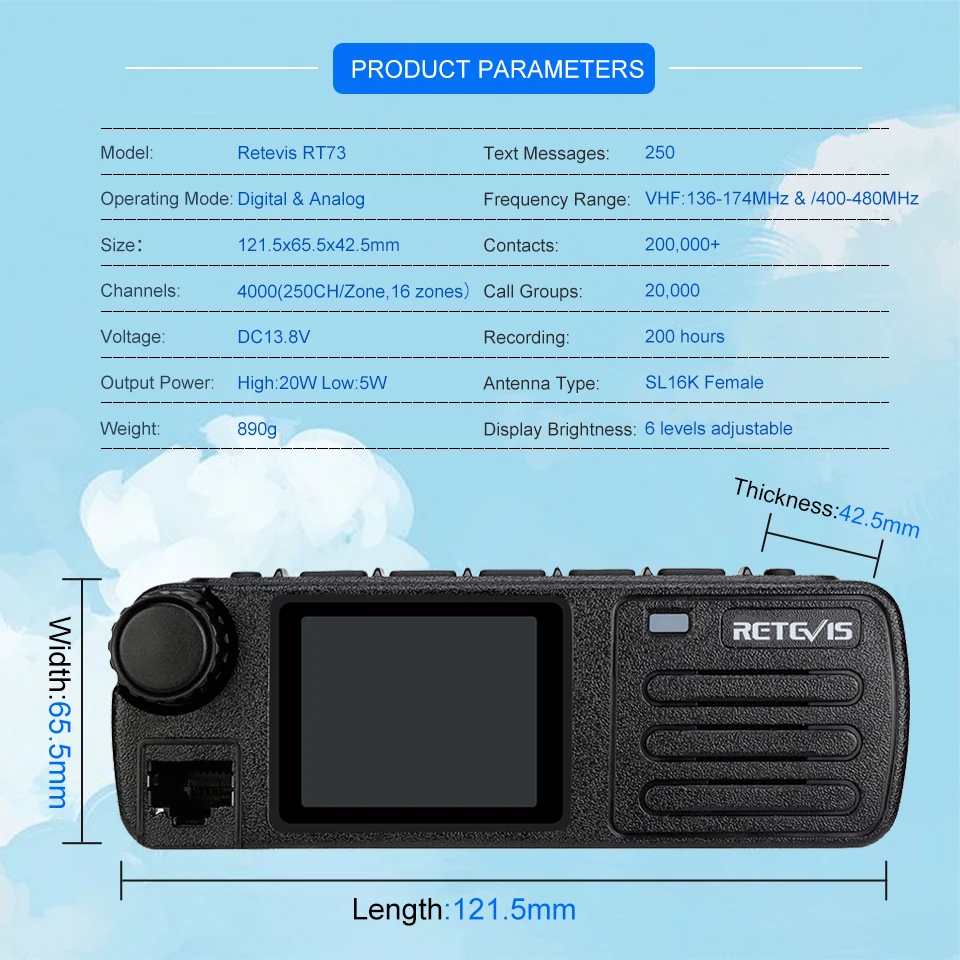 Top Ham Car Two-way Radio Transceiver Autoradio DMR Digital Mobile Radio Station Screen RT73 GPS UHF VHF 20W Vehicle Base