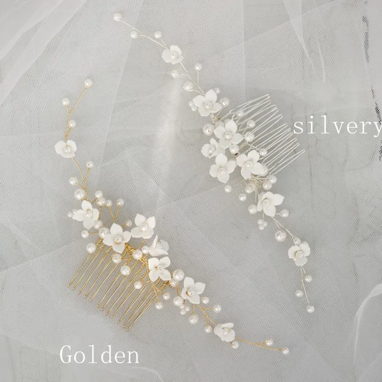 White Porcelain Flower Wedding Hair Comb Vine Pearls Women Jewelry Handmade Bridal Hair Piece Ornament