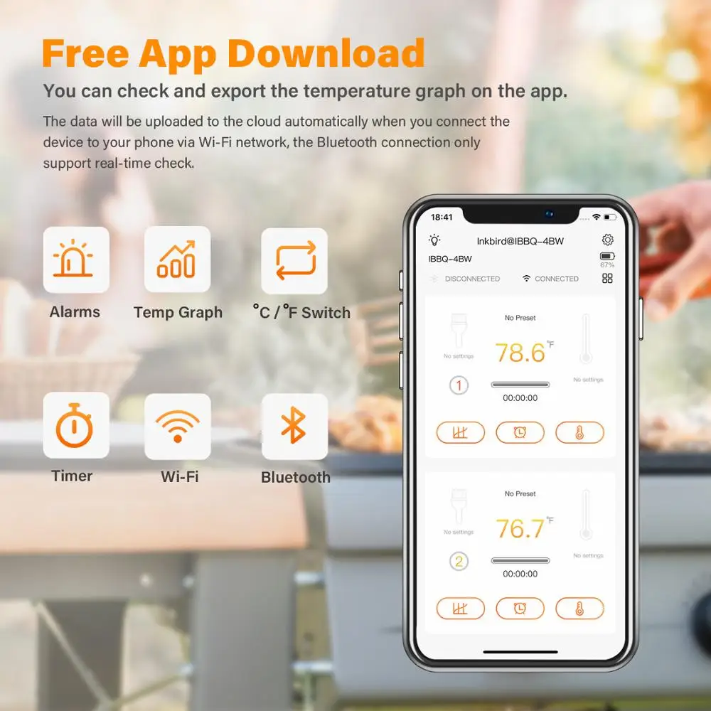 INKBIRD I BBQ-4BW termometro digitale Wi-Fi e Bluetooth Grill termometro Wireless ricaricabile per barbecue con 4 sonde con grafico