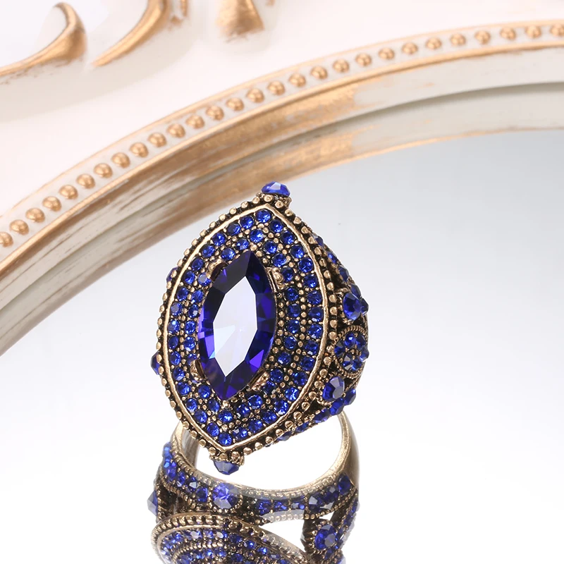 Kinel 2020 New Luxury Antique Ring For Women Vintage Look AAA Blue Crystal Boho Jewelry Gold Color Charm Ethnic Wedding Ring