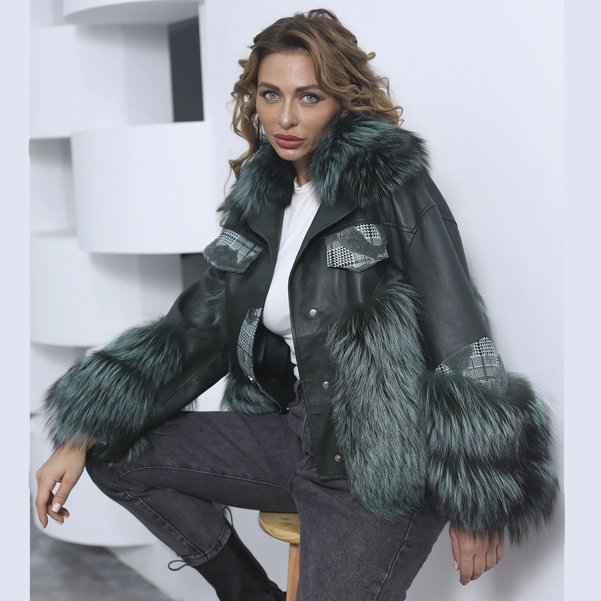 MISSJANEFUR – manteau d'hiver en cuir véritable pour femme, veste chaude et luxueuse avec col en fourrure de renard, disponible en grande taille, 2021