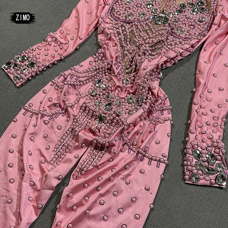 Sparkly grote Crystal Pearl Jumpsuit Vrouwen sexy verjaardagsfeestje Roze nachtclub Kostuum pole Dance Stage Wear Singerfestival Outfit