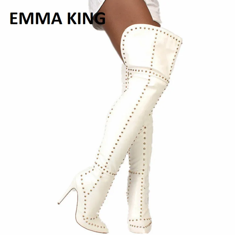 Autumn Winter Women Rivet Embellished Boots White Faux Suede Over the Knee Long Botas Sexy Female Thigh High Shoes Botas Mujer