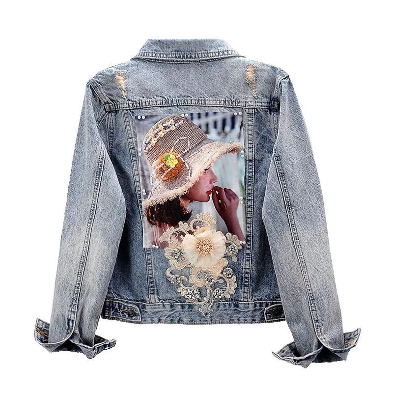 2024 Nieuwe Herfst Dames Denim Jack Lange Mouw Overjas Losse Driedimensionale Knoopparels Bovenkleding Gescheurde Jeansjacks