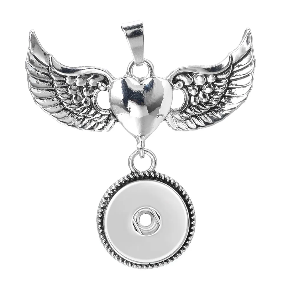 Vintage 18mm Snap Button Pendant Necklace With Angel Wings Feather Shape  Women Antique Silver Color For Snaps Jewelry